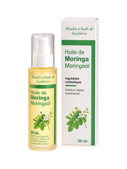 Huile de moringa, flacon et étui